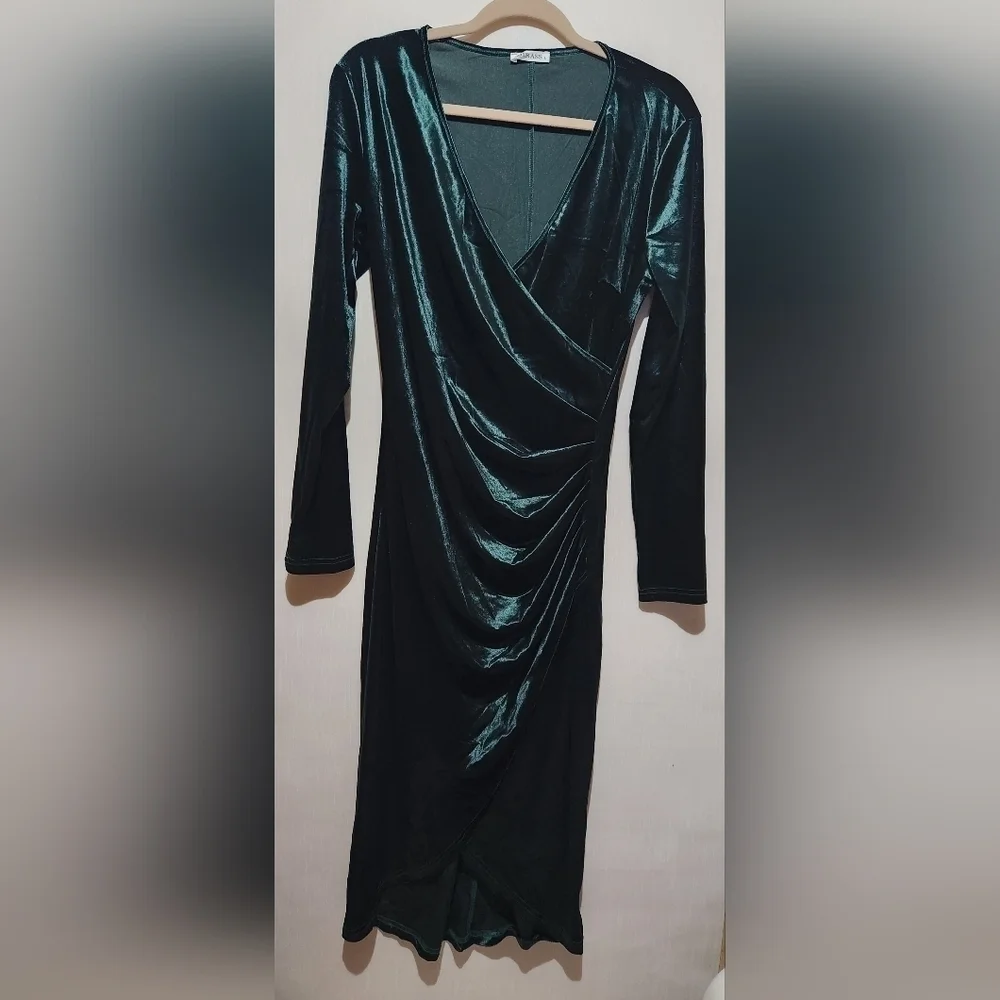 DIRASS Women's Elegant Velvet Long Sleeve Wrap VNeck Ruched Bodycon Cocktail Pa - Picture 3 of 8